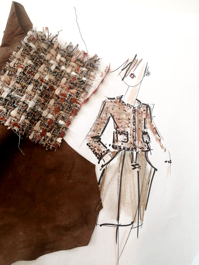 Tweed Jacke aus Bändern und Garnen in Braun- und Apricottönen mit aufgesetzten Taschen